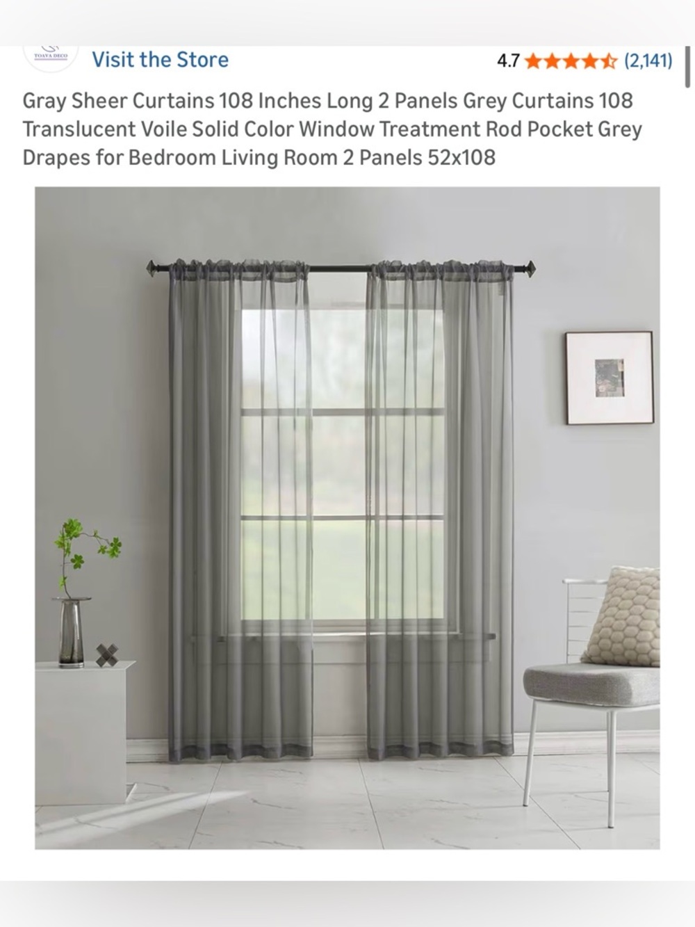 Sheer Voile Window Curtains - Gray, 2-Panel Set